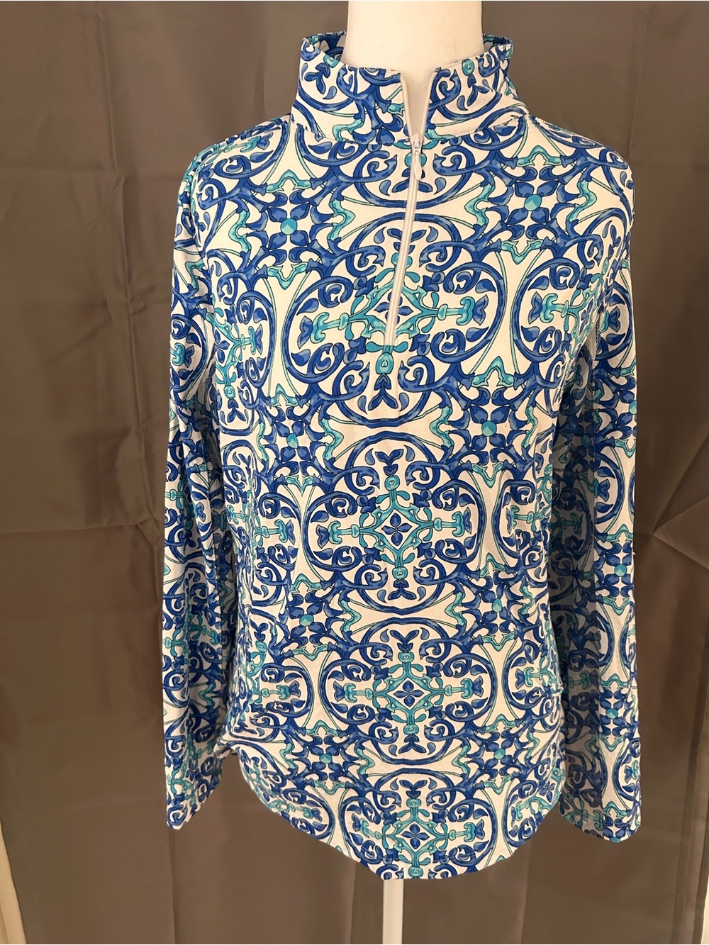 IBKUL Blue and White Tile-Print Quarter-Zip Pullover